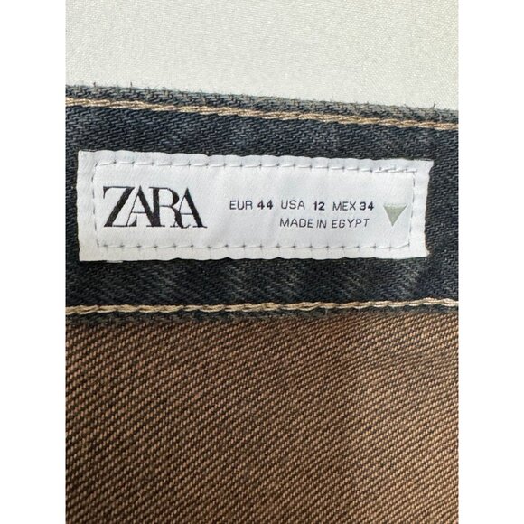 Zara Dark Dirty Denim 100% Cotton Low Rise Cuffed Relaxed Wide Leg Jeans Size 12 - Picture 9 of 14